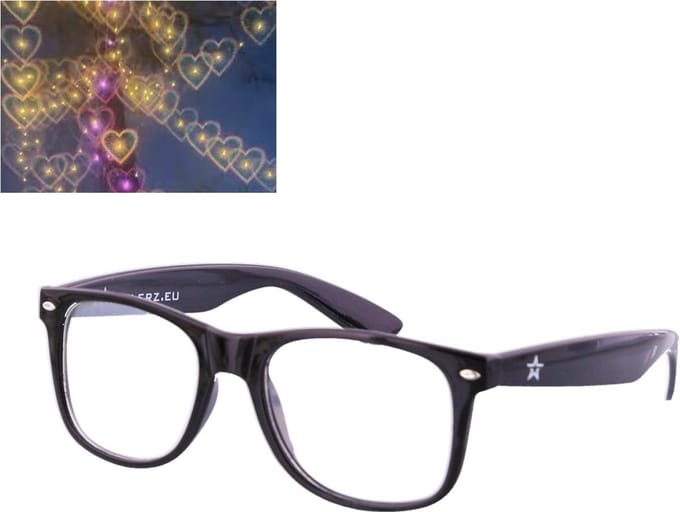 Loud and Clear® - Spacebril - Space Bril - Diffractie Bril - Festival Bril - Hartjes - Zwart