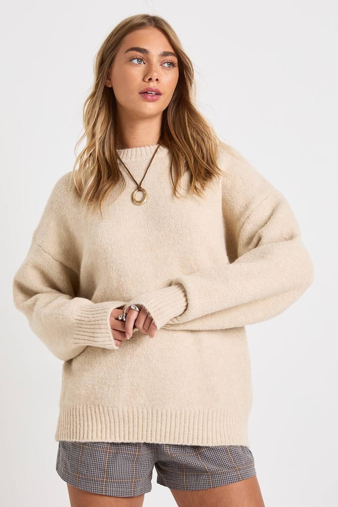 boohoo Dames Superzachte chunky breigoed met ronde hals en oversized pasvorm | Steen | Maat: Medium