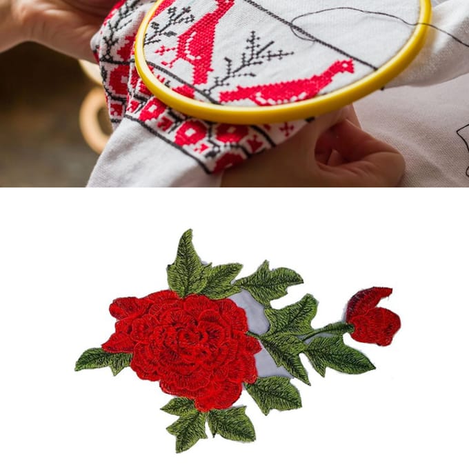 Roos Patch 10.2x7.1in Uitstekende Textuur Duurzaam Polyester Multifunctionele Bloem Patch voor Kleding red