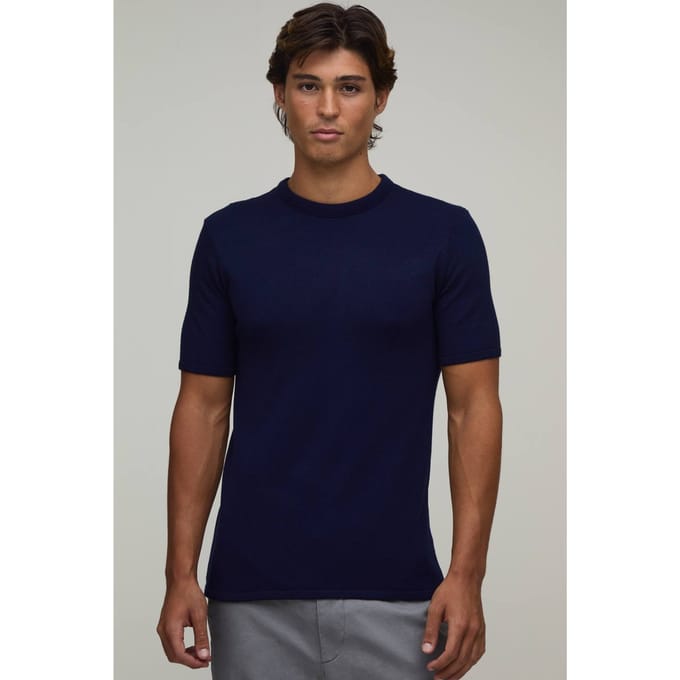 Gebreid T-shirt Met Zachte Touch En Muscle Fit | Navy | Size Medium