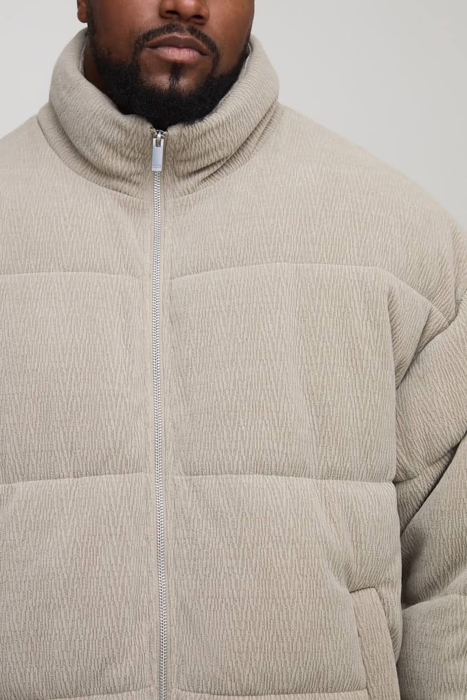 Plus Regular Fit Textured Faux Suede Funnel Neck Puffer Jacket | Grey | Size 2XL