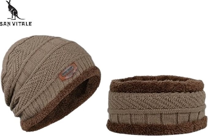 San Vitale® - Muts - Set met Col - Dikste kwaliteit - 180+ gram - Muts Heren - Beanie - Wintermuts - Lichtbruin