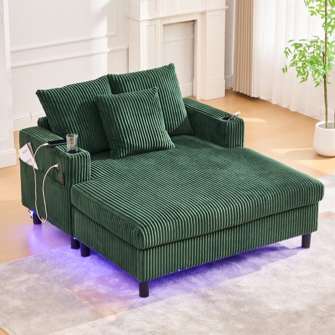 Loungebank - Groot - Chaiselongue met LED - USB en Bekerhouders - Textiel - Grijs