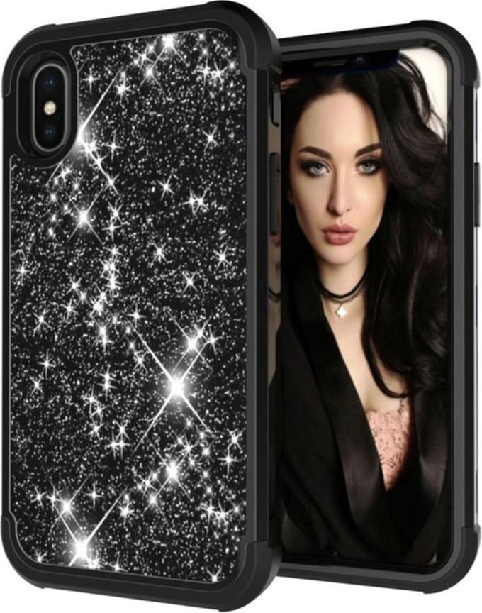 Geschikt voor Apple iPhone X - XS Glitter Backcover - Zwart - Shockproof Armor
