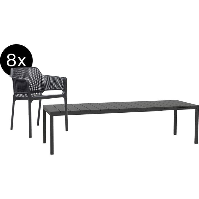 Nardi - Bundle Rio uitschuifbare tafel DurelTOP 210 cm + 8x Net Armleunstoel  antraciet - 4 - 6 Wochen