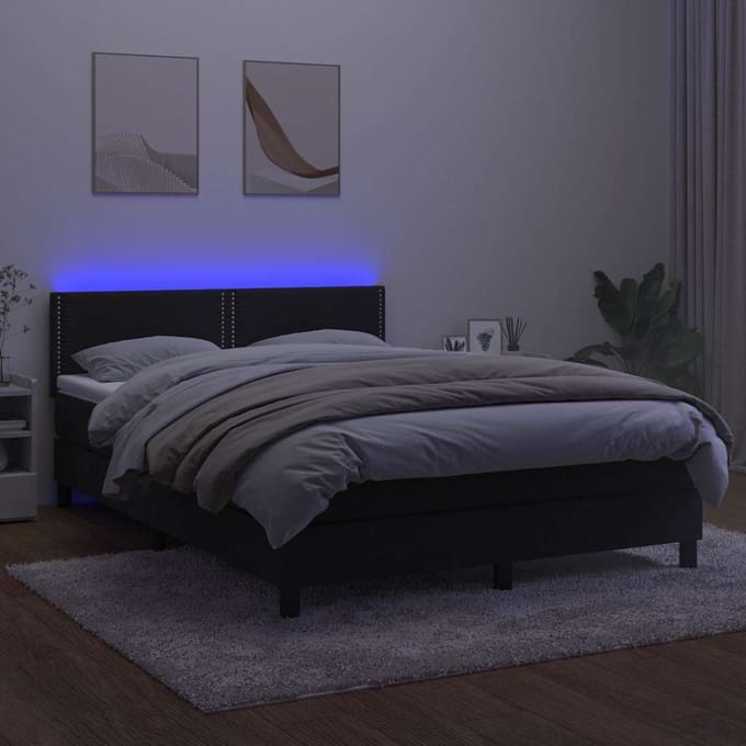 vidaXL - Boxspring - met - matras - en - LED - fluweel - zwart - 140x190 - cm