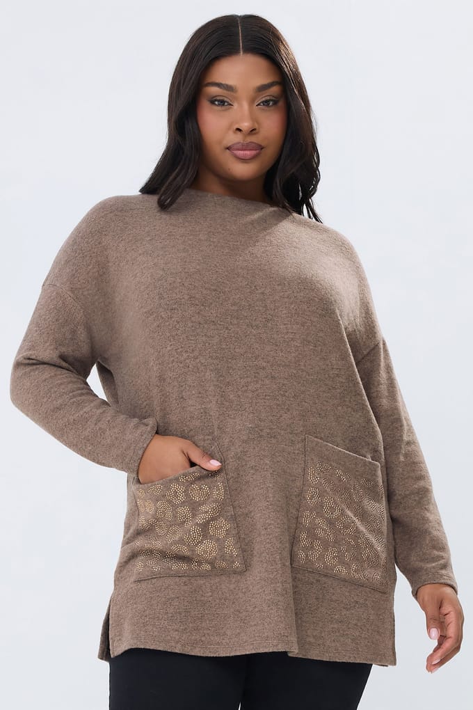Yours Bruine Top Met Zak Met Luipaardprint En Strass Size 42