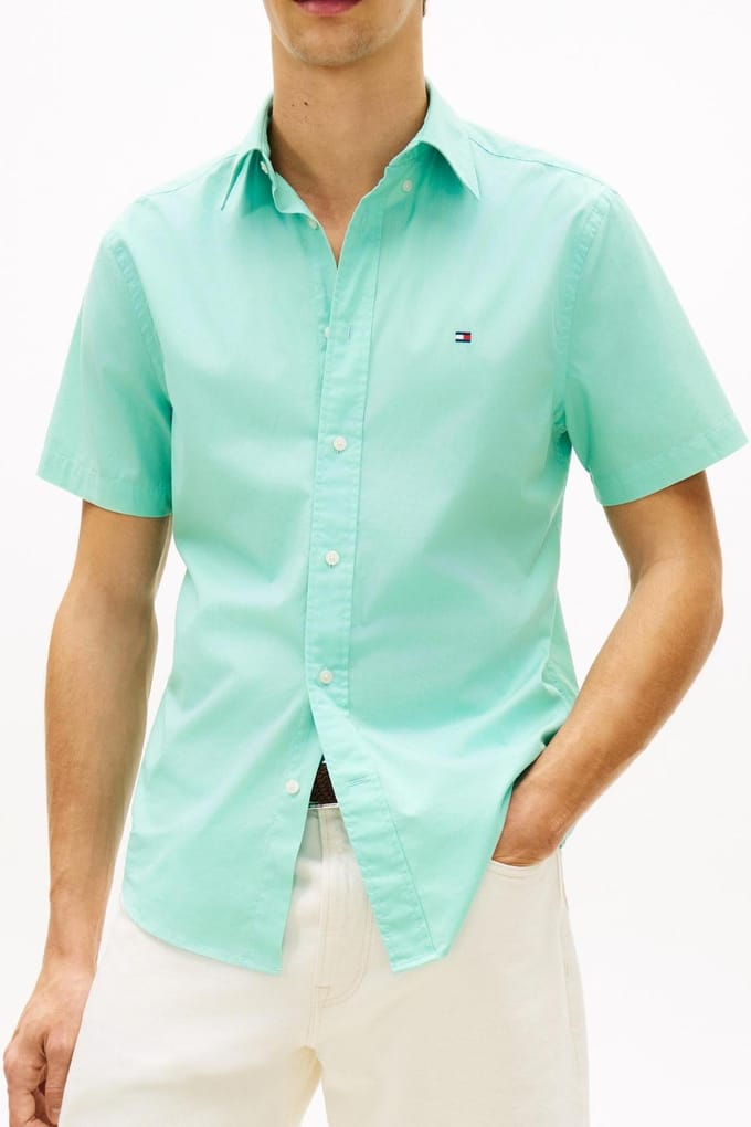 Tommy Hilfiger Flex Poplin Solid S/s Shirt Arctic Aqua Maat: XXL | Casual Overhemden Outlet | Heren | Groen