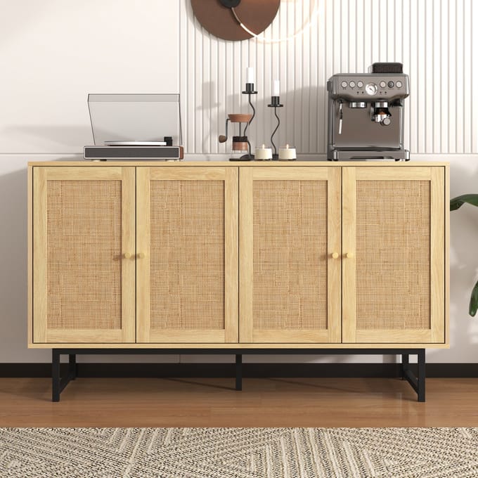 Sweiko Dressoir - 140x39.5x80 cm - Geweven rotan - 4 deuren - Natuurlijk