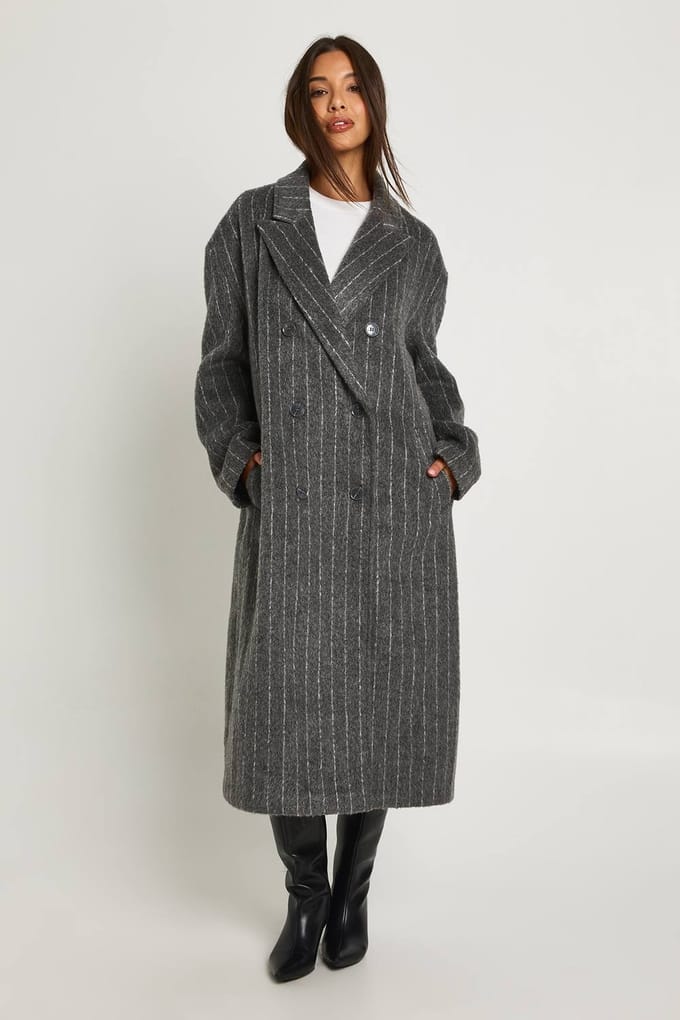 boohoo Dames Pinstripe Wol-Look Oversized Maxi Jas | Charcoal | Maat: 12