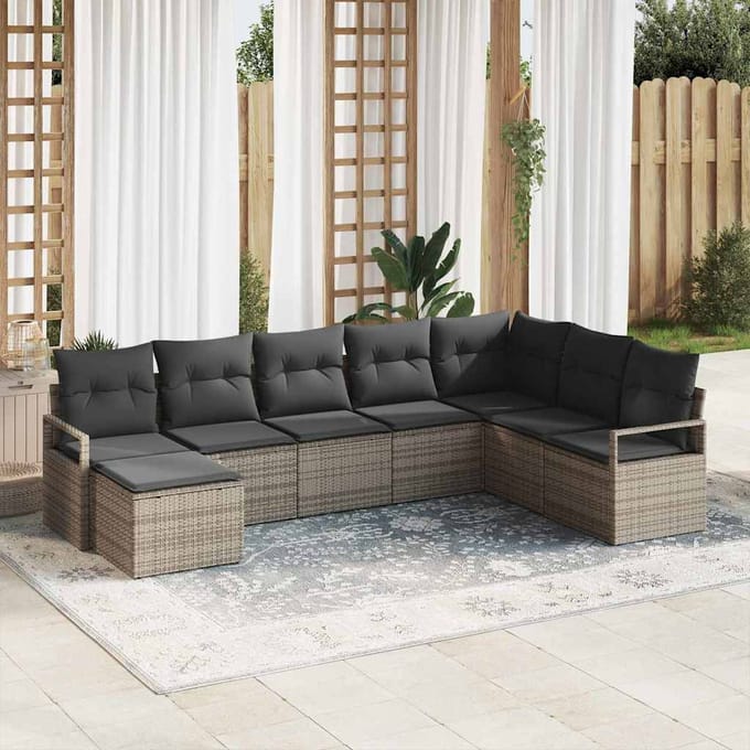 vidaXL Bankstel met kussen met opslag 8 pcs Grijs poly rattan