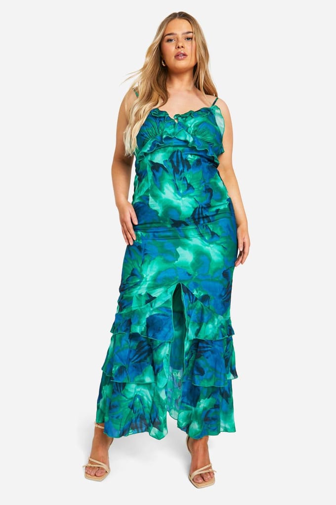 boohoo Dames Plus Abstract Floral Ruffle Maxi Jurk | Groente | Maat: 56