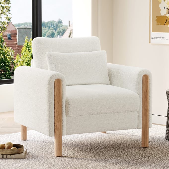 PHOEBE CAT Fauteuil - Met kussen - Slaapkamerstoel - Teddy - Massief houten poten - Wit
