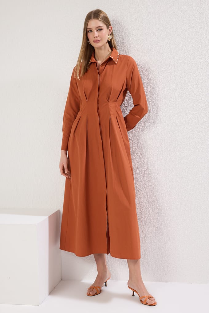 Damesjurk, bruin, recht, lang, casual/dagelijks, aansluitend met hijab