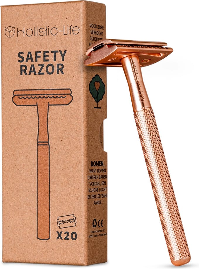 Hollistic Life Veiligheidsscheermes + 20 RVS Scheermesjes – Zero Waste Safety Razor Scheersysteem – Scheren voor Dames & Heren – Double Edge Blades