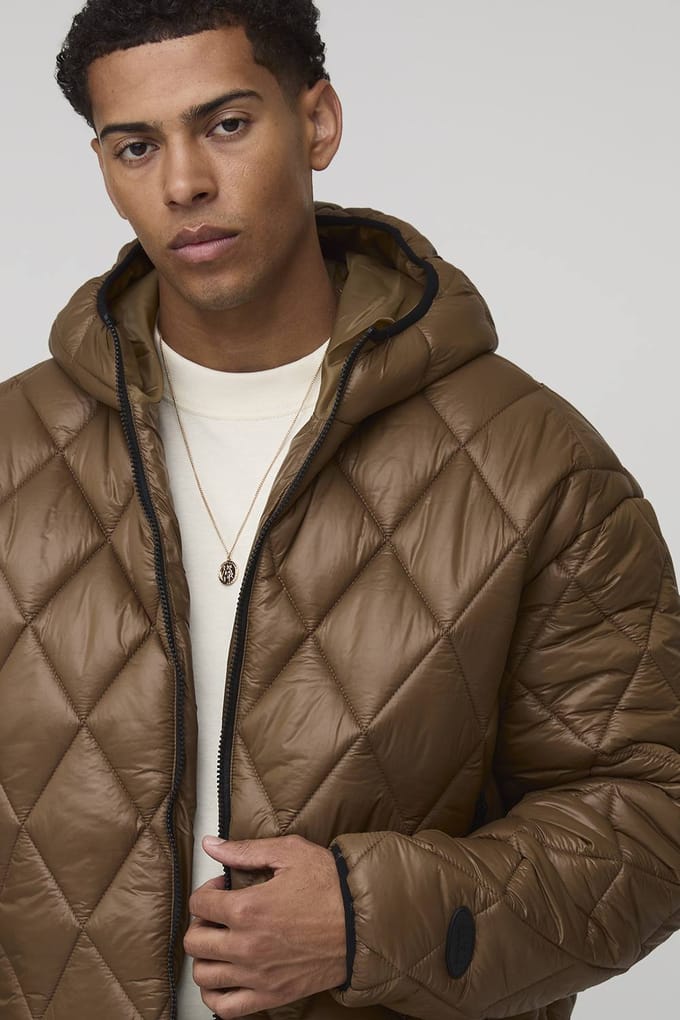 Oversized Boxy High Sheen Diamond Quilted Hooded Funnel Puffer Jacket | Brown | Size Medium