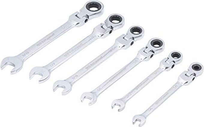 Ratelring-steeksleutelset met Flexibele Koppen - 6-delige Set - Inch 1/4" tot 9/16"