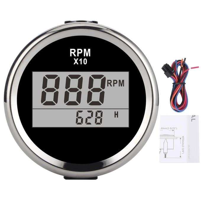 0‑9990RPM Toerenteller IP67 Waterdicht Rood Achterlicht 52mm 2in LCD Display 9‑32V Black background silver frame