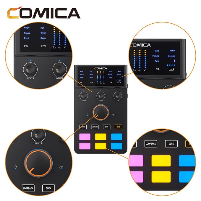 COMICA AD Caster C1-K1 Audiomixer USB-audio-interface Geluidskaart met 3,5 mm-poorten Dubbele XLR-ingang zwart