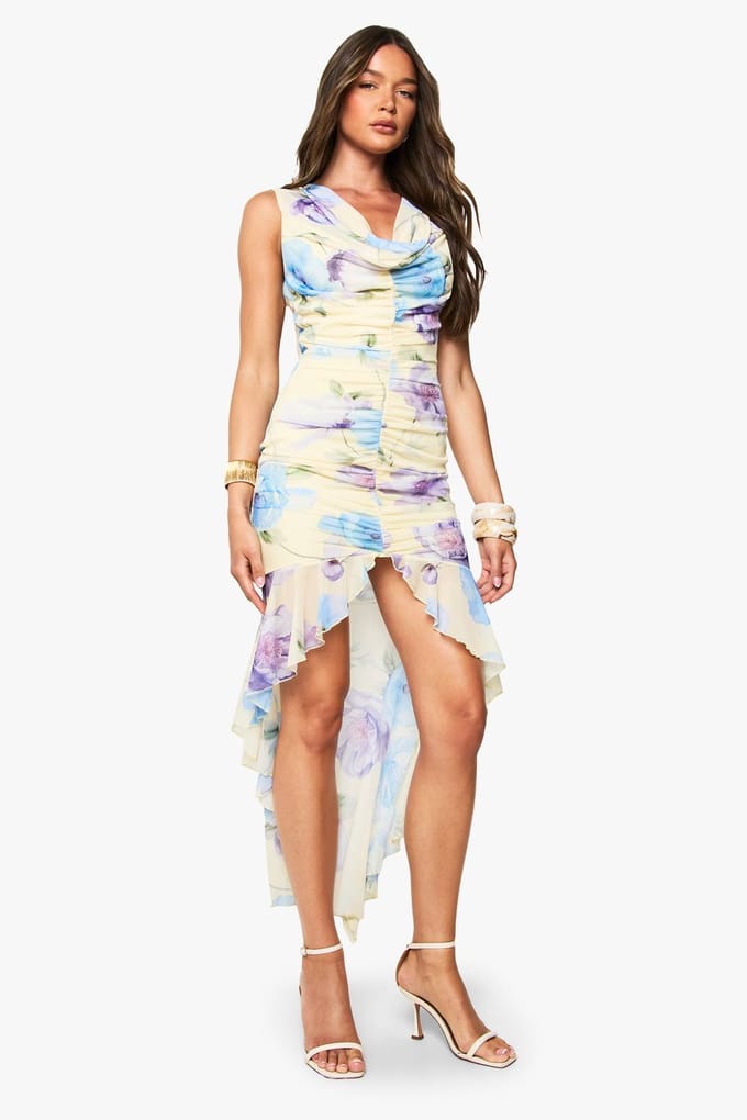 boohoo Dames Bloemen Mesh Gerimpelde Maxi Jurk | Lemon | Maat: 8
