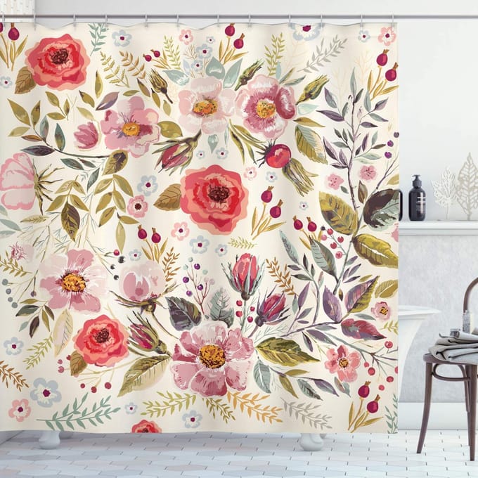 ABAKUHAUS – Gebloemd Douchengordijn 175x200 cm – Korellenrot Rosa, Polyester