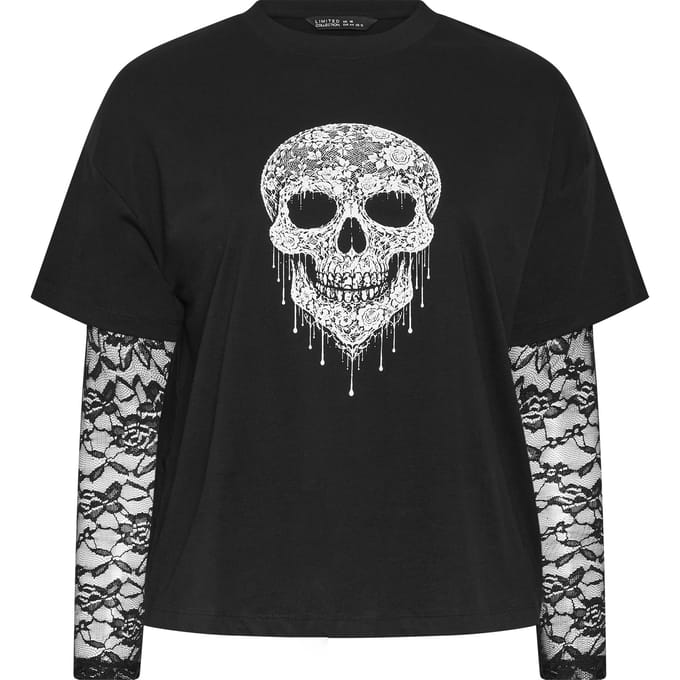 Limited Collection Zwart Tshirt Met Schedelprint En Kanten Mouwen Size 42