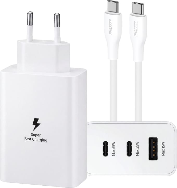 Phreeze 65W 3 Poorten USB Adapter + USB C naar USB C Kabel 1 Meter Rubber Soepel Wit
