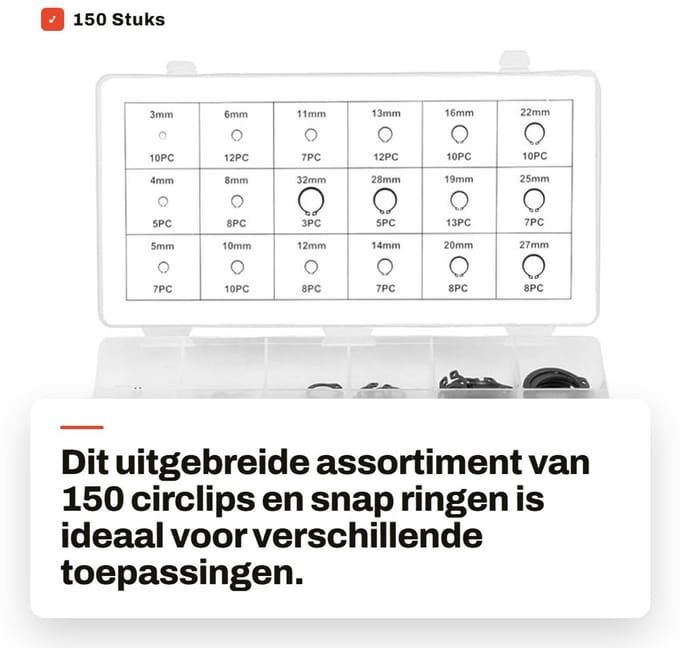 Dailygoods- Circlip Assortiment 150 Stuks - Snap Ring - Borgringen - Retaining Ring - Gehard Metaal - Resealable Doos - Borgring