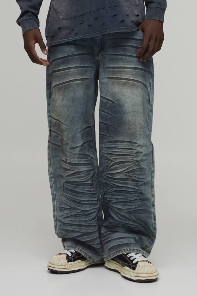 Extreme Crease Wash Wijde Pijpen Jeans | Antique Blue | Size 32