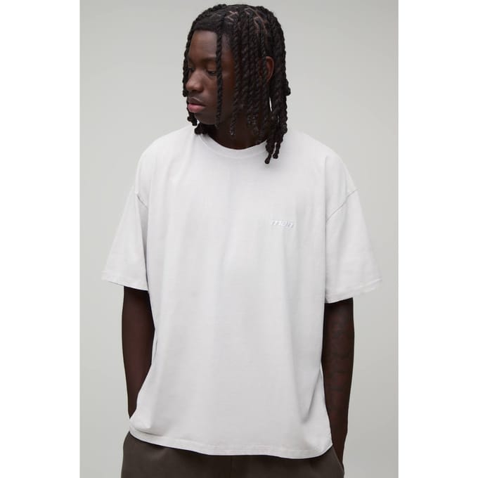 Oversized Heren Sport Geborduurd Gewassen T-shirt | Light Grey | Size Small