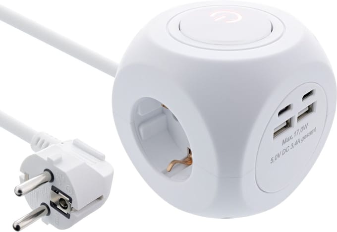 InLine stekkerdoos | 3 contacten | USB-A + USB-C | wit | 2 meter