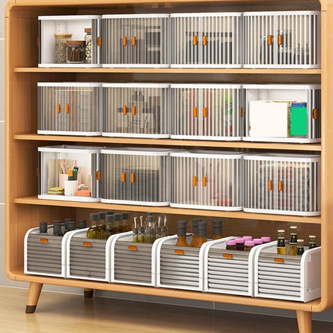Boîte de Rangement de Bureau Pliable avec Porte Coulissante Bidirectionnelle Empilable Grande Capacité Organisateur Conteneur white