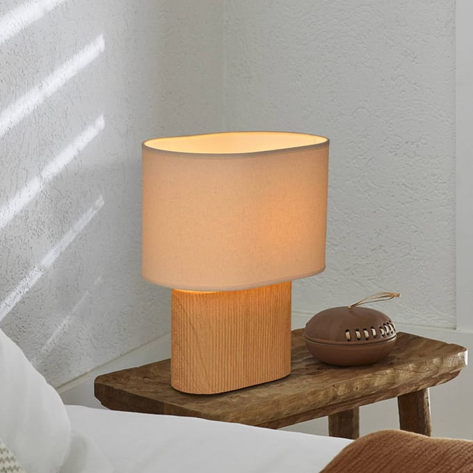 COREP Tafellamp Santorini, licht hout/beige, 38 cm, linnen/keramiek