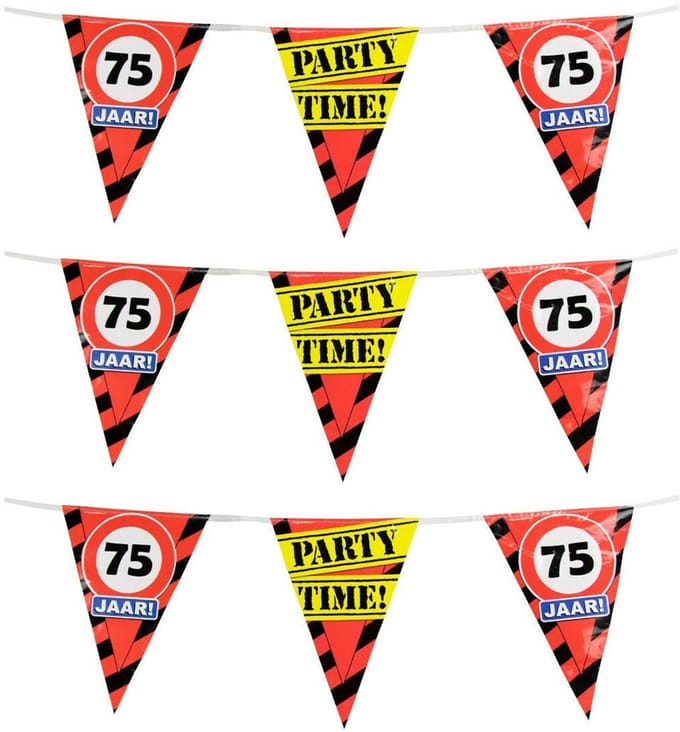 75 jaar verjaardag vlaggenlijn - 3x - 10 meter - stopborden - plastic - versiering - feestartikelen