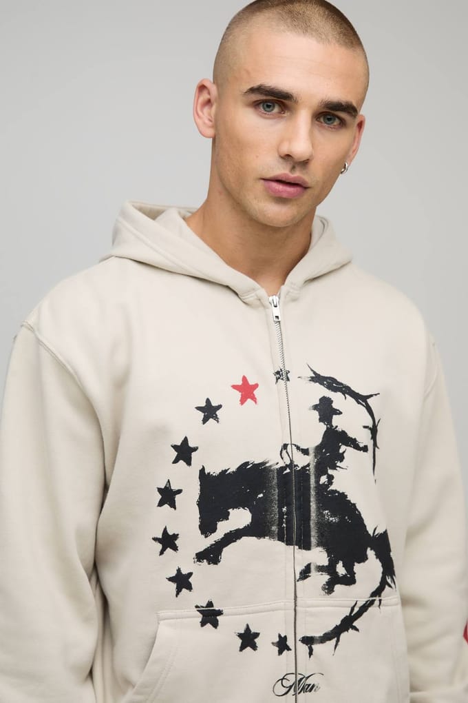 Stone Oversized Boxy Western Print Zip Through Hoodie | Size Medium