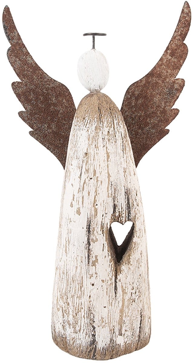 Clayre & Eef Decoratie Beeld Engel 14x5x26 cm Wit Bruin Hout