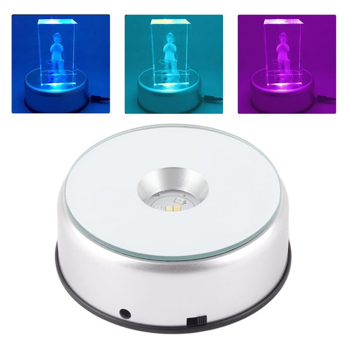 Base d'affichage rotative en cristal avec lumière LED colorée et AC Argent US PLUG white