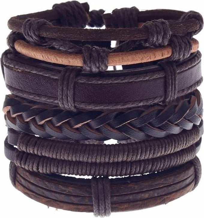 Fako Bijoux® - Armband Leer - Set Vintage - Gevlochten