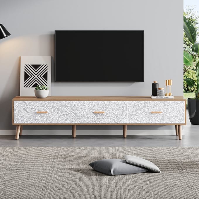 TV Lowboard - 150 x 35 x 39 cm - Vintage Stijl - Witte Deurpanelen - Hout - Licht Hout & Wit