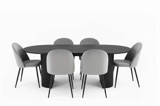 Kyoto eethoek eettafel donkerbruin, 6 stoelen met grijze velours bekleding.