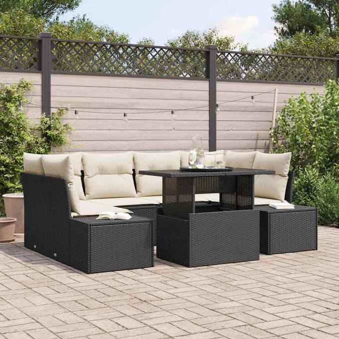 vidaXL - Bankstel - 7 - st - Zwart - en - Crème - poly - rattan