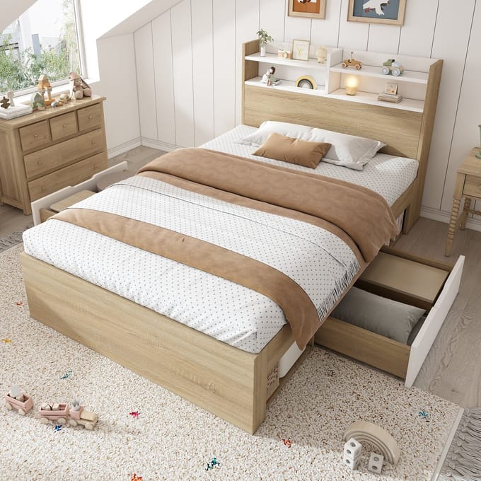 MODFU - Bedframe 90x200 cm – Met hoofdbord met 4 vakken & 2 lades – Wit/Eiken