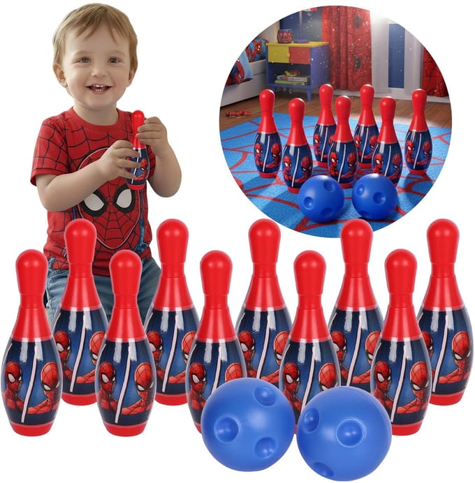 MARVEL Spider-Man MINI SET bowlen, BOWLING voor kinderen, behendigheidsspel, 10 PINNEN + 2 BALLEN, 3+
