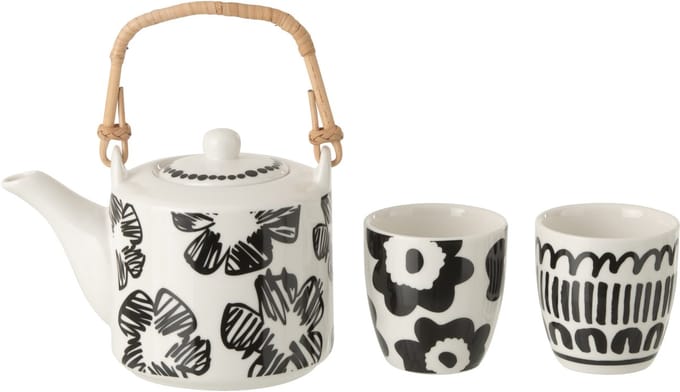 J-Line theepot + kopjes - keramiek - wit/zwart