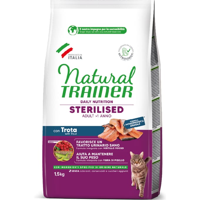1,5kg Natural Trainer Cat Sterilised met forel droogvoer voor katten