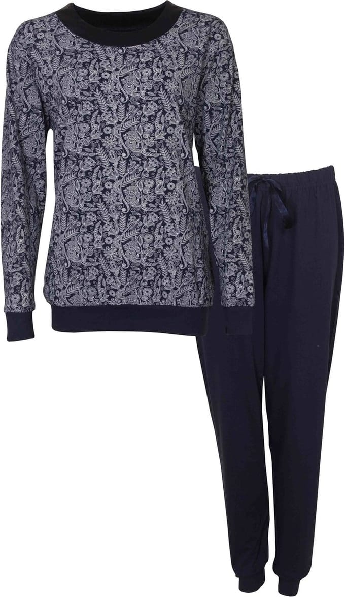 Medaillon Dames Pyjama - Katoen - Ronde Hals - Blauw - Maat L