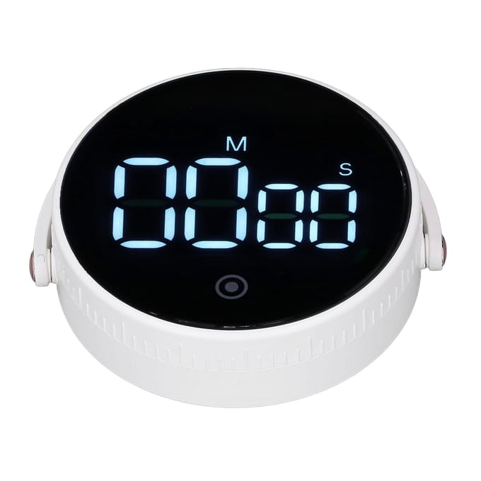 Minuteur de Bureau Minimaliste Rond Volume Réglable 3 Niveaux Compte à Rebours Numérique avec Affichage Ultra Clair white