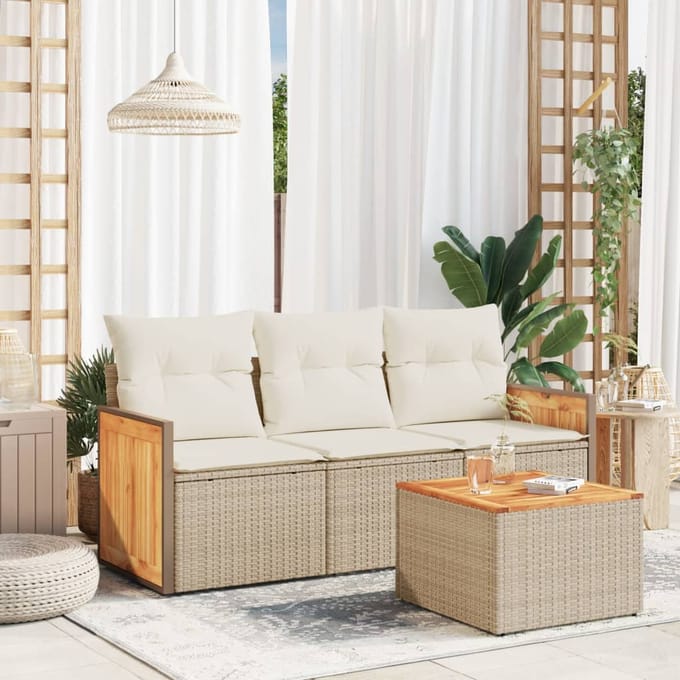vidaXL - 4-delige - Loungeset - met - kussens - poly - rattan - beige