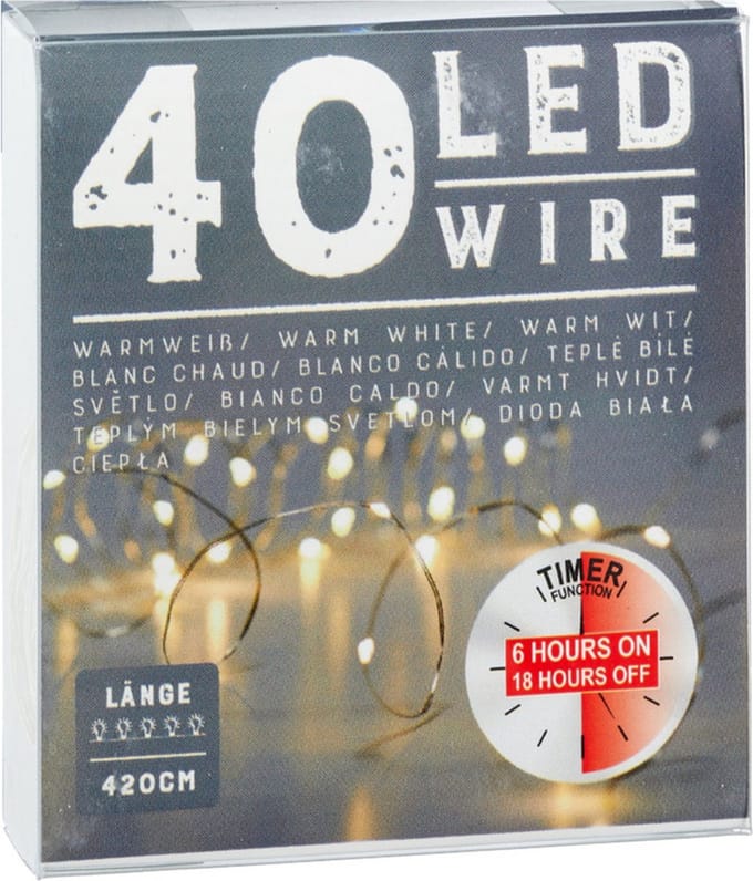 Draadverlichting lichtsnoer - 240 cm - 40 leds - warm wit - batterij - timer - kerstverlichting