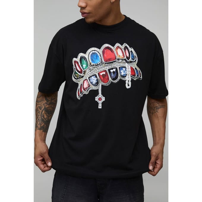 Oversized T-Shirt met Diamant Print | Black | Size Medium